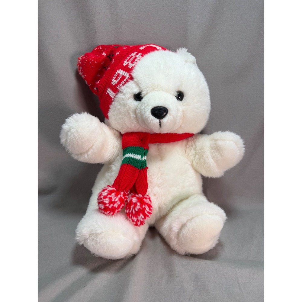 Vintage Kmart Christmas 1987 Dan Dee 18" Bear Plush White Red Scarf Hat Annual
